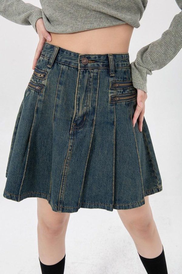 Pleated Denim Mini Skirt