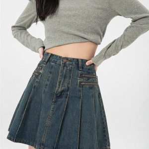Pleated Denim Mini Skirt