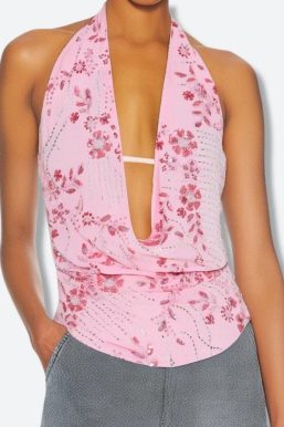 Plunge Neck Sequined Beaded Top