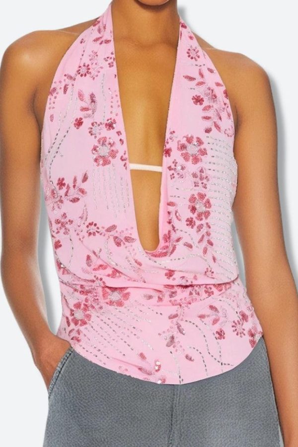 Plunge Neck Sequined Beaded Top