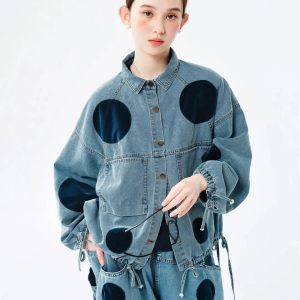 Polka Dot Button Up Denim Jacket