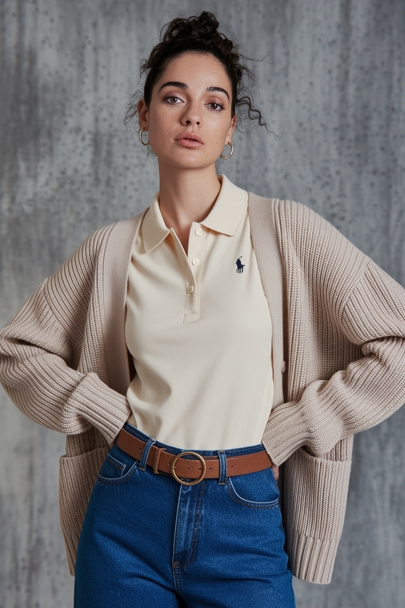 Polo Shirt and Cardigan Outfit for Women: Chic Combo outfit idea