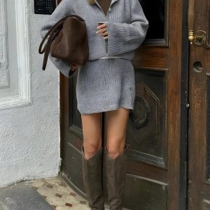 Preppy Knitted Cardigan & Mini Skirt Two Piece Set