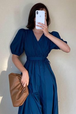 Puff Sleeve Wrap Midi Dress