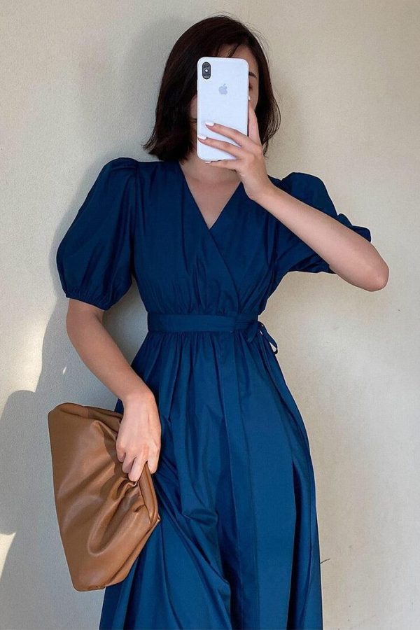 Puff Sleeve Wrap Midi Dress