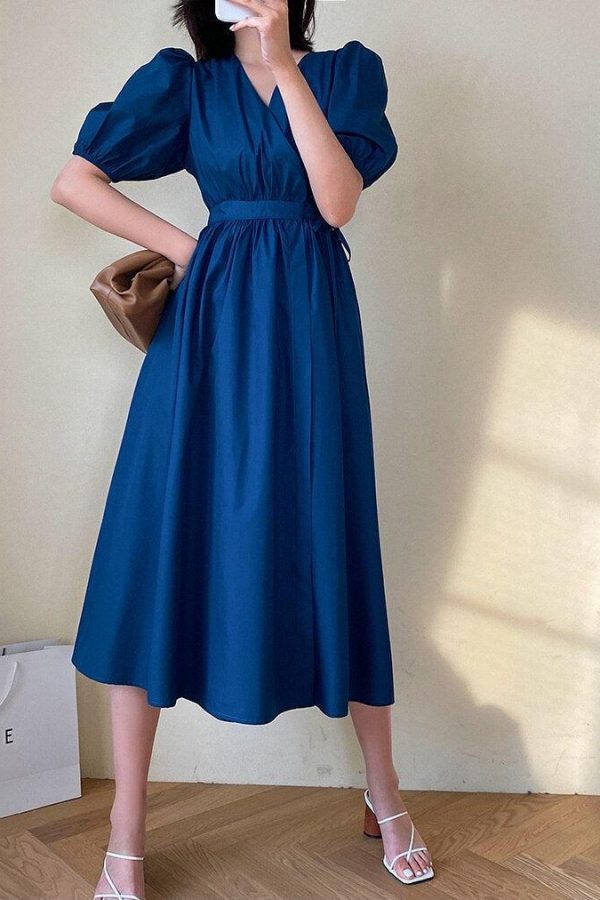 Puff Sleeve Wrap Midi Dress