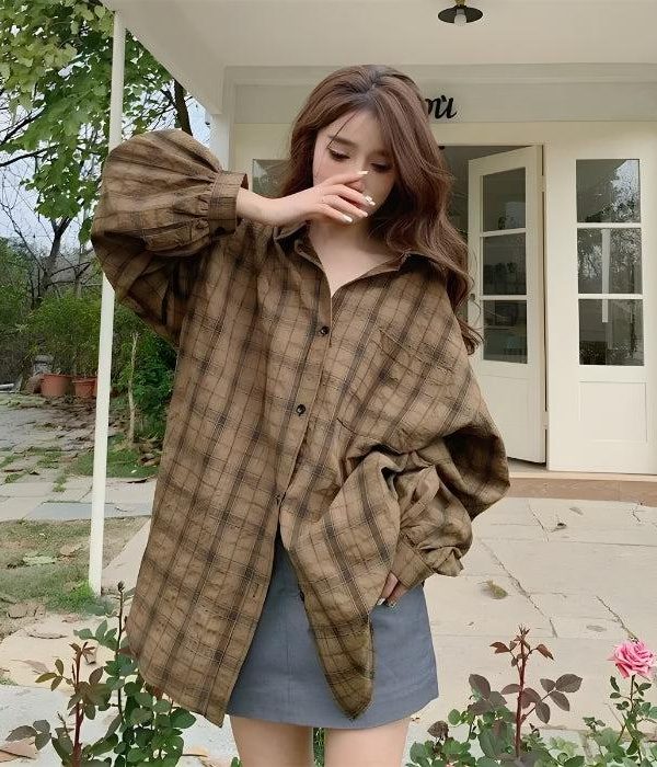 Puff Sleeved Plaid Shirt