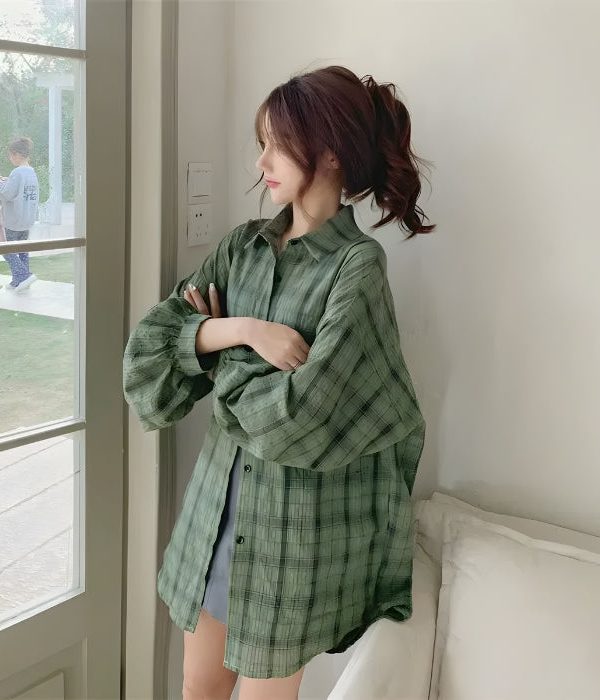 Puff Sleeved Plaid Shirt
