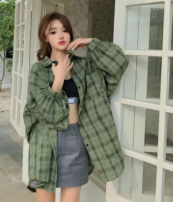 Puff Sleeved Plaid Shirt