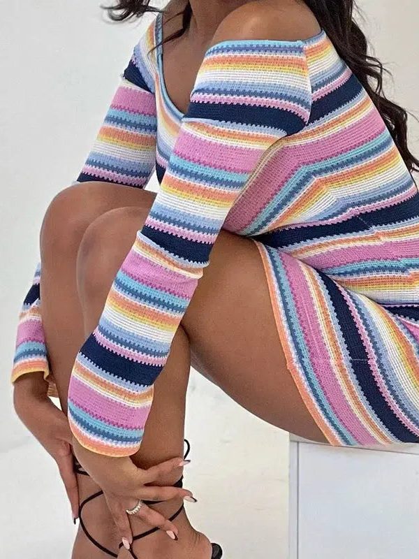 Rainbow Off Shoulder Knitted Mini Dress