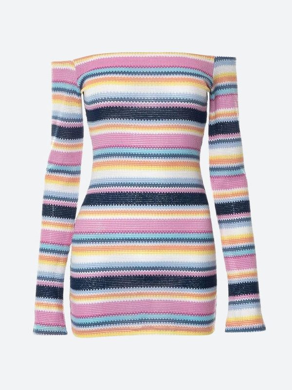 Rainbow Off Shoulder Knitted Mini Dress