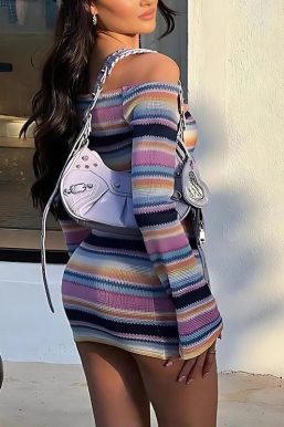 Rainbow Off Shoulder Mini Dress: Cozy Knitted Style for Any Occasion