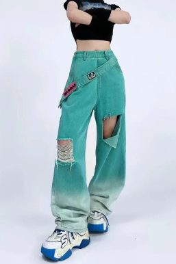 Ripped Denim Strap Baggy Jeans