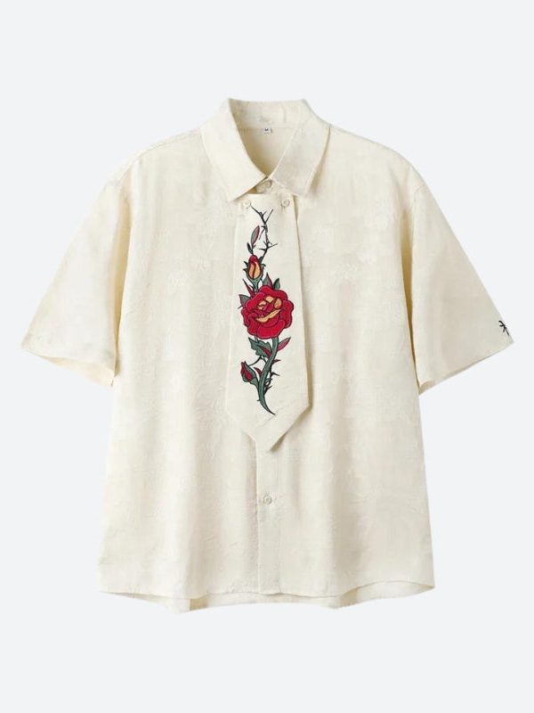 Rose Embroidery Tie Shirt