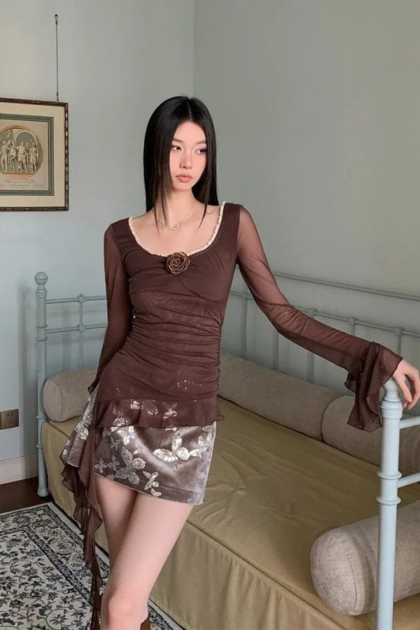 Rose Mesh Ruffled Top