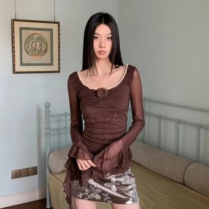 Rose Mesh Ruffled Top