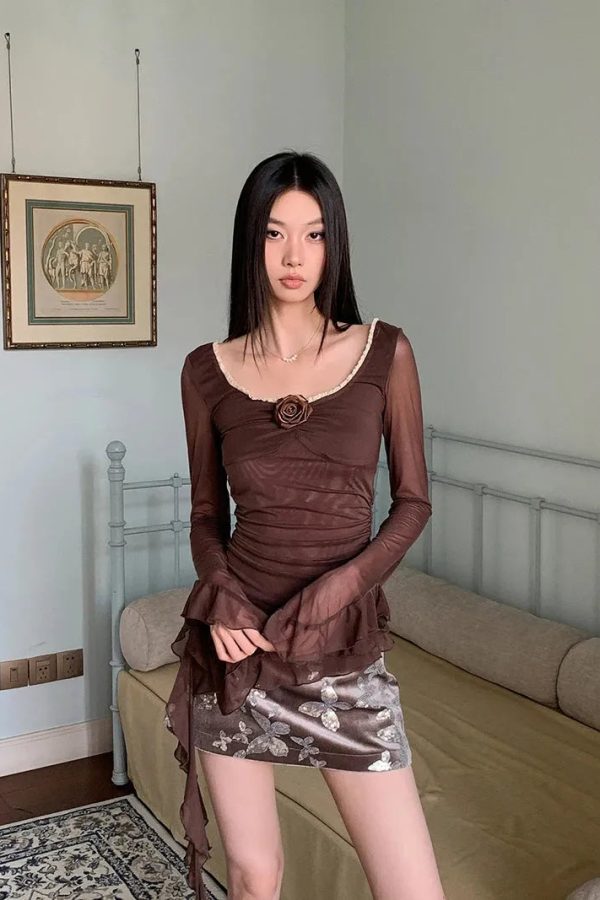 Rose Mesh Ruffled Top