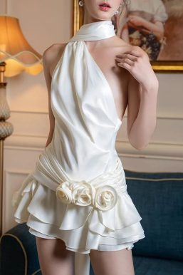 Rose Satin Backless Mini Dress