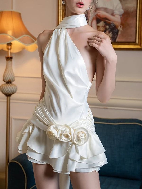 Rose Satin Backless Mini Dress