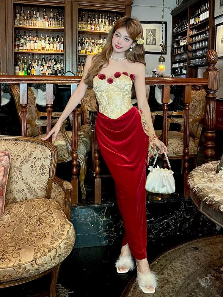Rose Velvet Corset Midi Dress Rose Velvet Corset Midi Dress