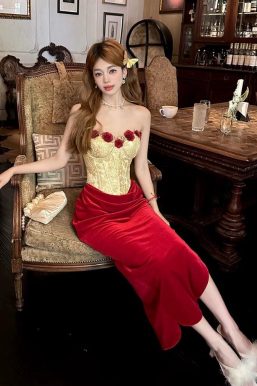 Rose Velvet Corset Midi Dress