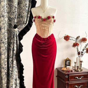 Rose Velvet Corset Midi Dress