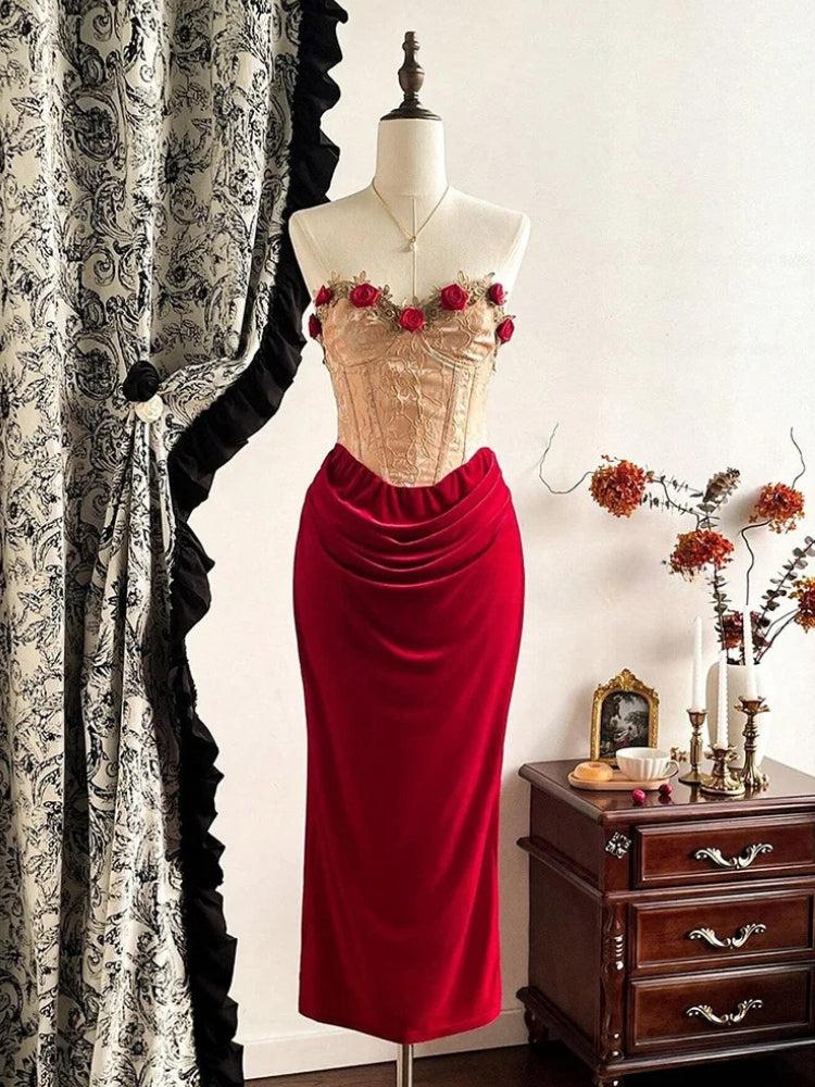 Rose Velvet Corset Midi Dress Rose Velvet Corset Midi Dress