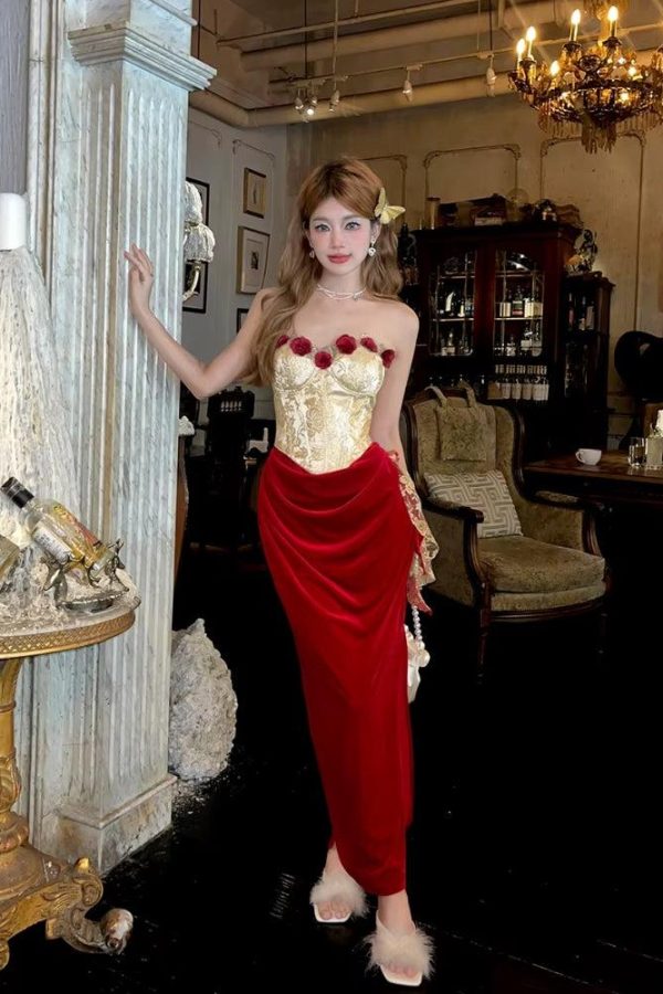 Rose Velvet Corset Midi Dress