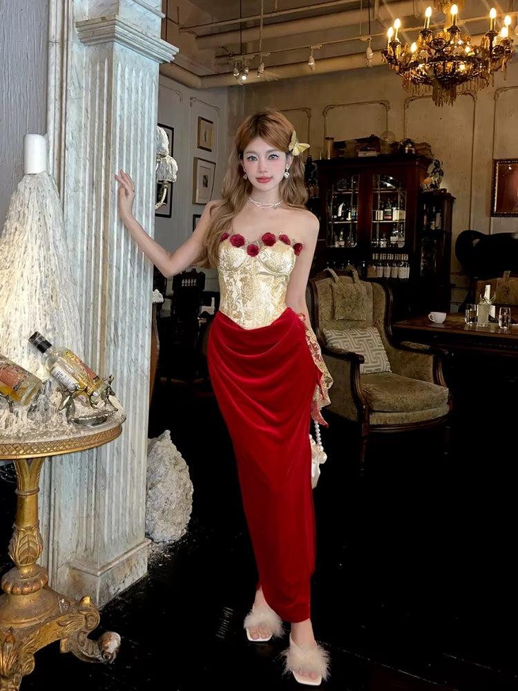 Rose Velvet Corset Midi Dress Rose Velvet Corset Midi Dress