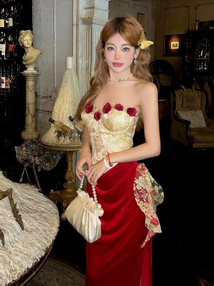 Rose Velvet Corset Midi Dress Rose Velvet Corset Midi Dress