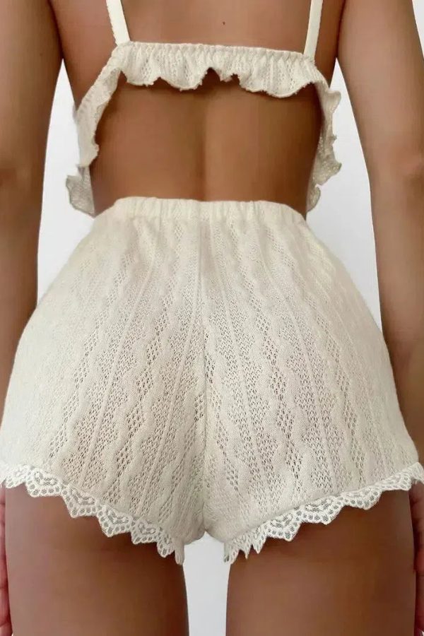Ruffled Crop Top & Lace Trim Shorts Two Piece Set