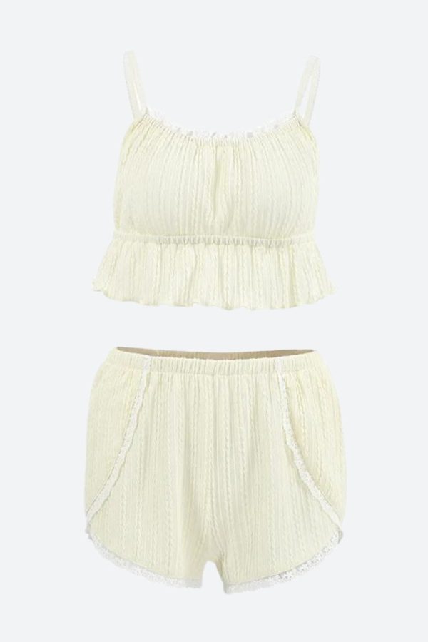 Ruffled Crop Top & Lace Trim Shorts Two Piece Set