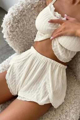 Ruffled Crop Top & Lace Trim Shorts Two Piece Set