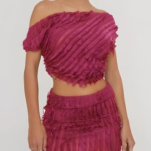 Ruffled One Shoulder Top & Mini Skirt Two Piece Set
