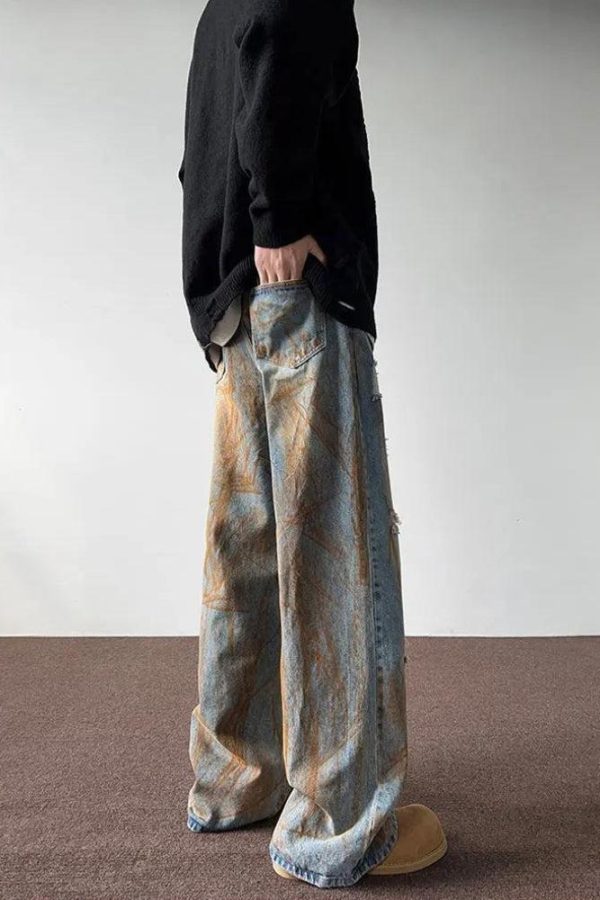 Rusty Pattern Wide Leg Denim Jeans