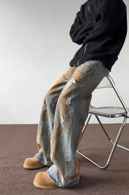 Rusty Pattern Wide Leg Denim Jeans