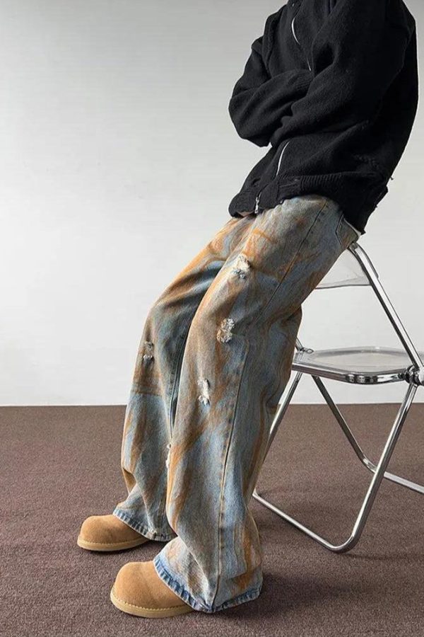 Rusty Pattern Wide Leg Denim Jeans