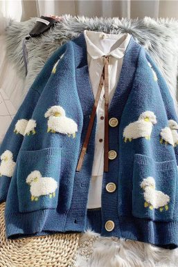 Sheep Embroidery Knitted Cardigan