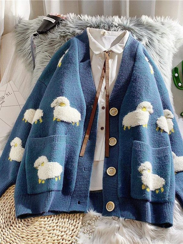 Sheep Embroidery Knitted Cardigan