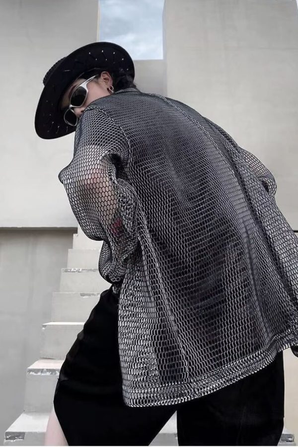 Sheer Mesh Button-Up Shirt