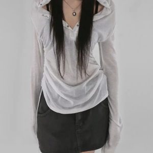 Sheer Ruched Hoodie Top