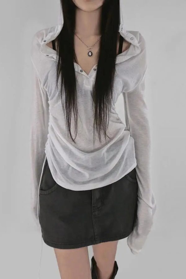 Sheer Ruched Hoodie Top