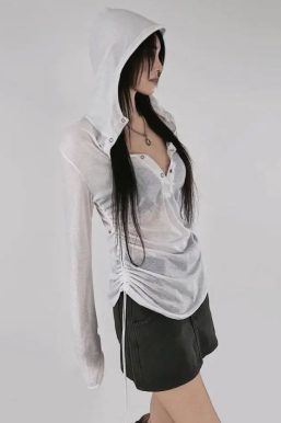 Sheer Ruched Hoodie Top