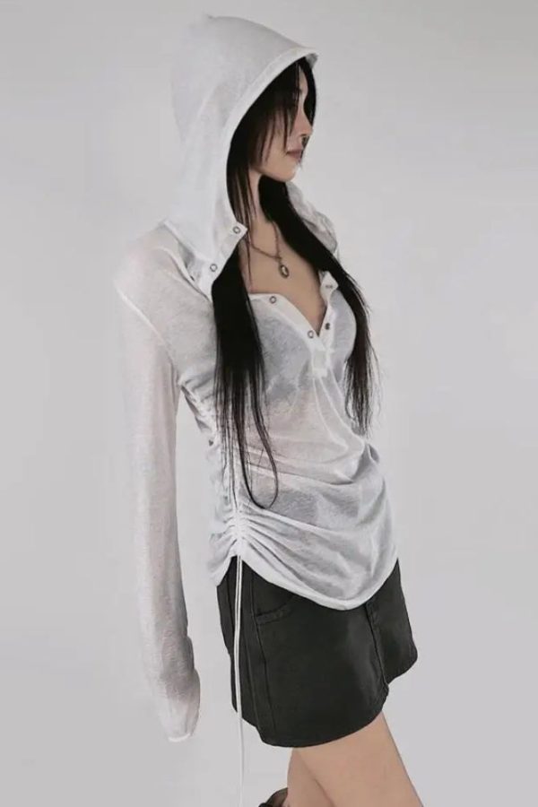 Sheer Ruched Hoodie Top