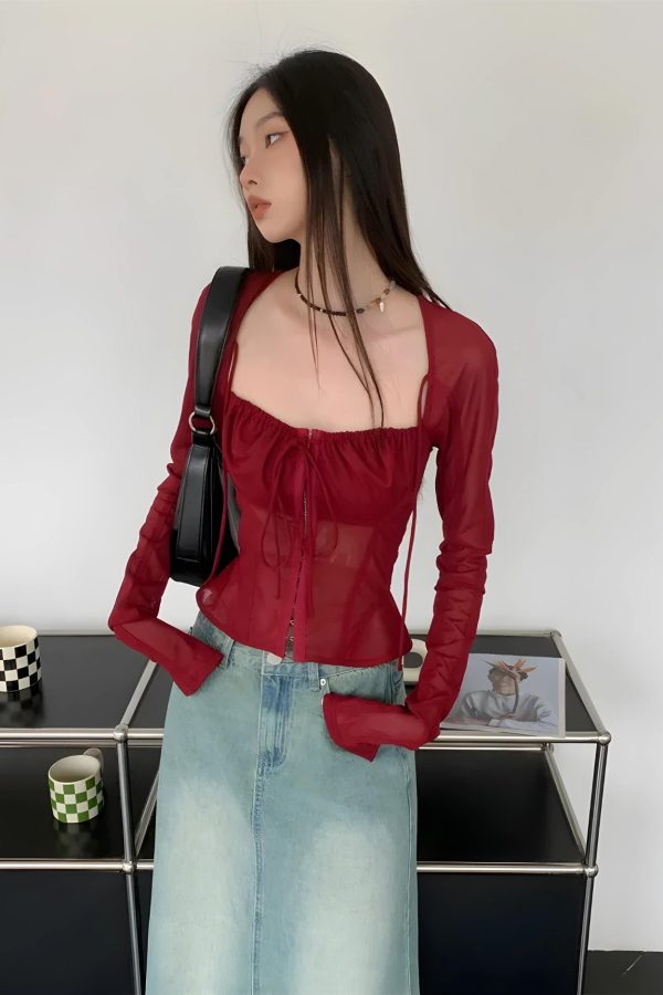 Sheer Ruched Lace Up Blouse