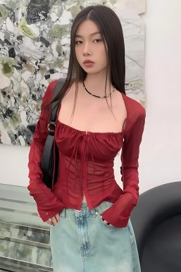 Sheer Ruched Lace Up Blouse