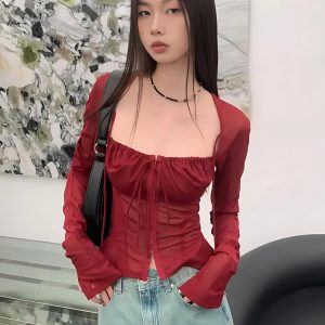 Sheer Ruched Lace Up Blouse