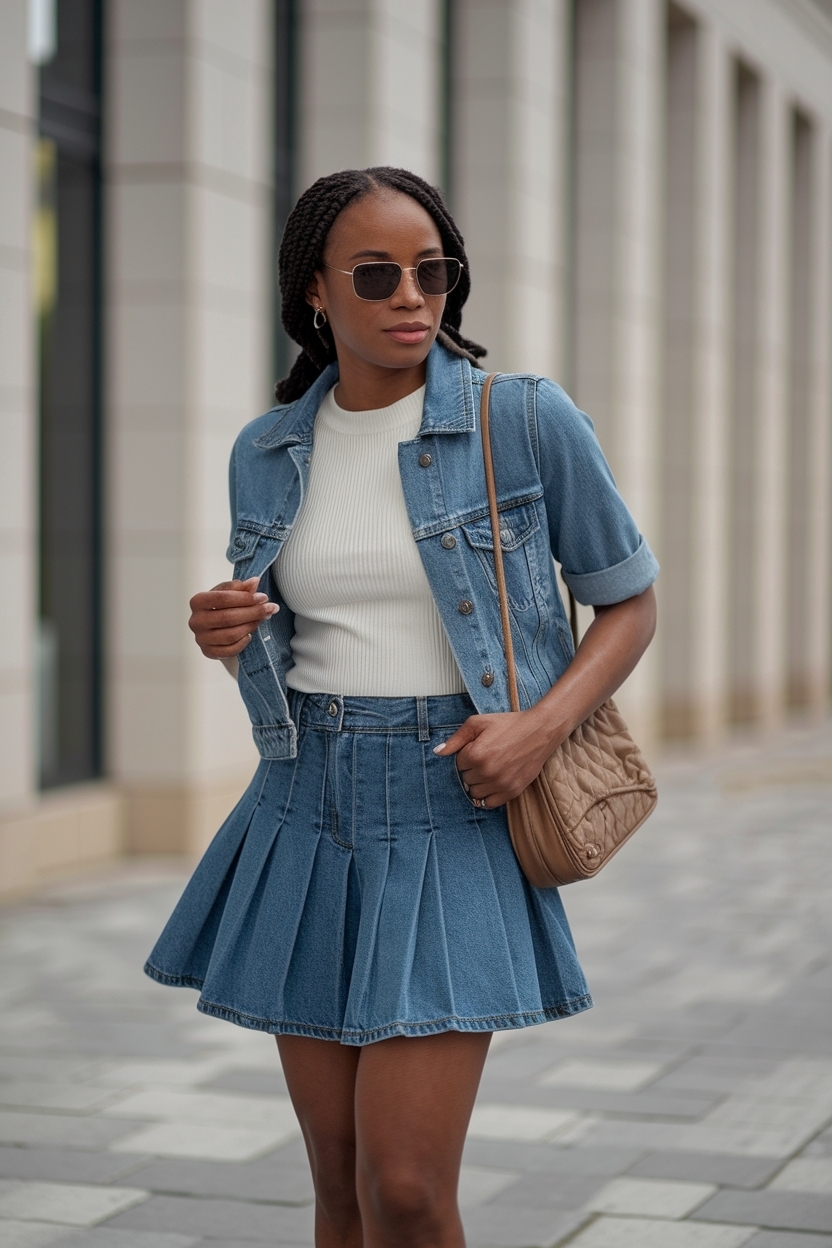 Short Pleated Denim Skirt Outfit Black W for Summer Vibes outfit idea