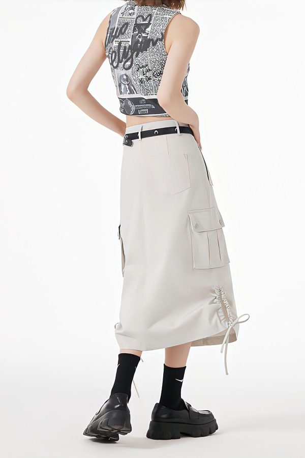 Slit & String Detailed Cargo Midi Skirt