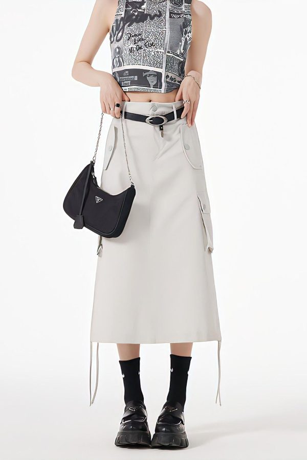 Slit & String Detailed Cargo Midi Skirt